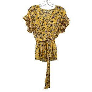 Max Studio Womens Floral Peplum Top Yellow/Multi Size Small Belted New